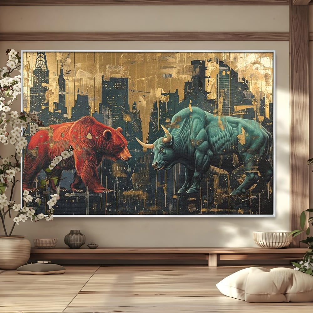 Tablou canvas cu tablou canvas cu taur si urs, in rama de aluminiu argintiu